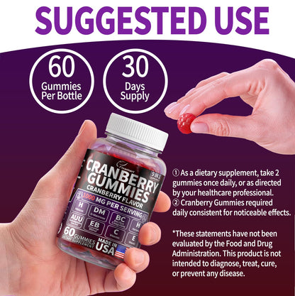 Cranberry Gummies 1000 mg – Urinary Tract Support | D-Mannose, Hibiscus, Vitamins C & E | Made in USA 60 Count