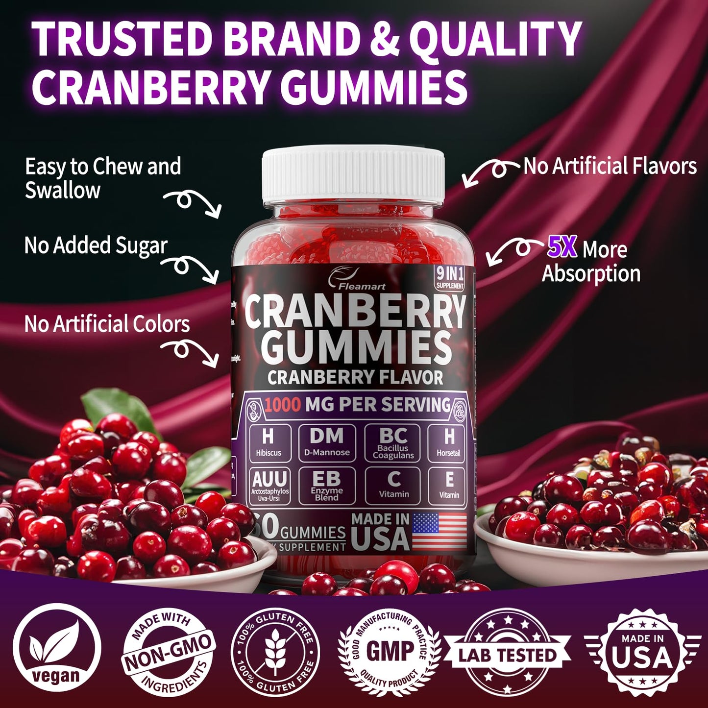 Cranberry Gummies 1000 mg – Urinary Tract Support | D-Mannose, Hibiscus, Vitamins C & E | Made in USA 60 Count