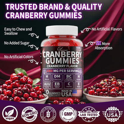 Cranberry Gummies 1000 mg – Urinary Tract Support | D-Mannose, Hibiscus, Vitamins C & E | Made in USA 60 Count