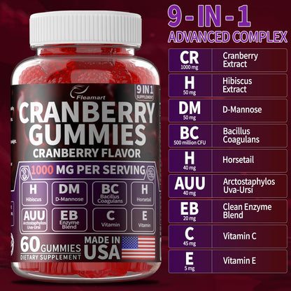 Cranberry Gummies 1000 mg – Urinary Tract Support | D-Mannose, Hibiscus, Vitamins C & E | Made in USA 60 Count