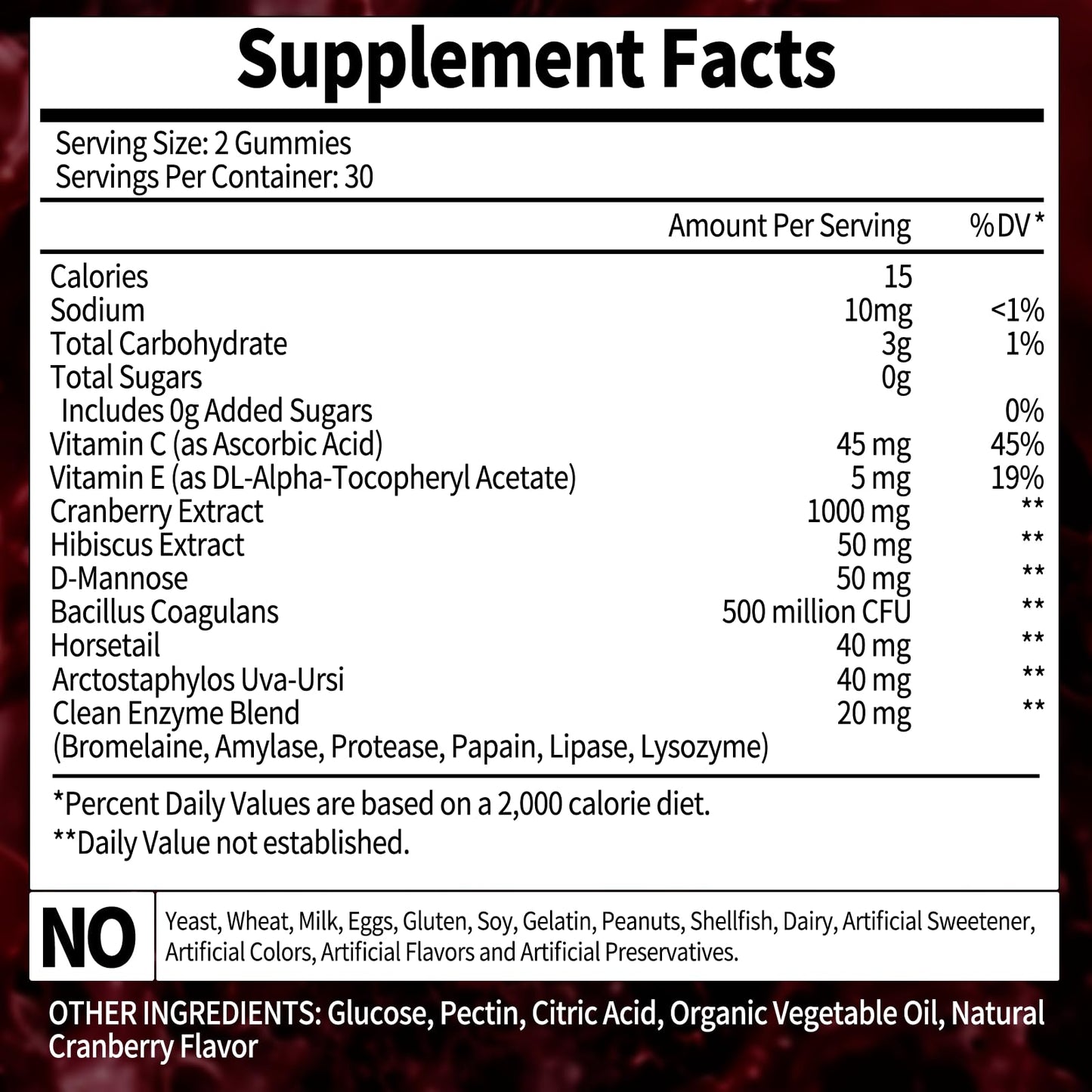 Cranberry Gummies 1000 mg – Urinary Tract Support | D-Mannose, Hibiscus, Vitamins C & E | Made in USA 60 Count