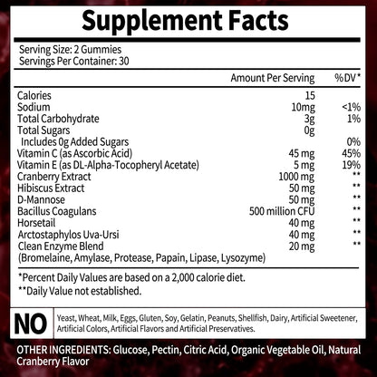 Cranberry Gummies 1000 mg – Urinary Tract Support | D-Mannose, Hibiscus, Vitamins C & E | Made in USA 60 Count