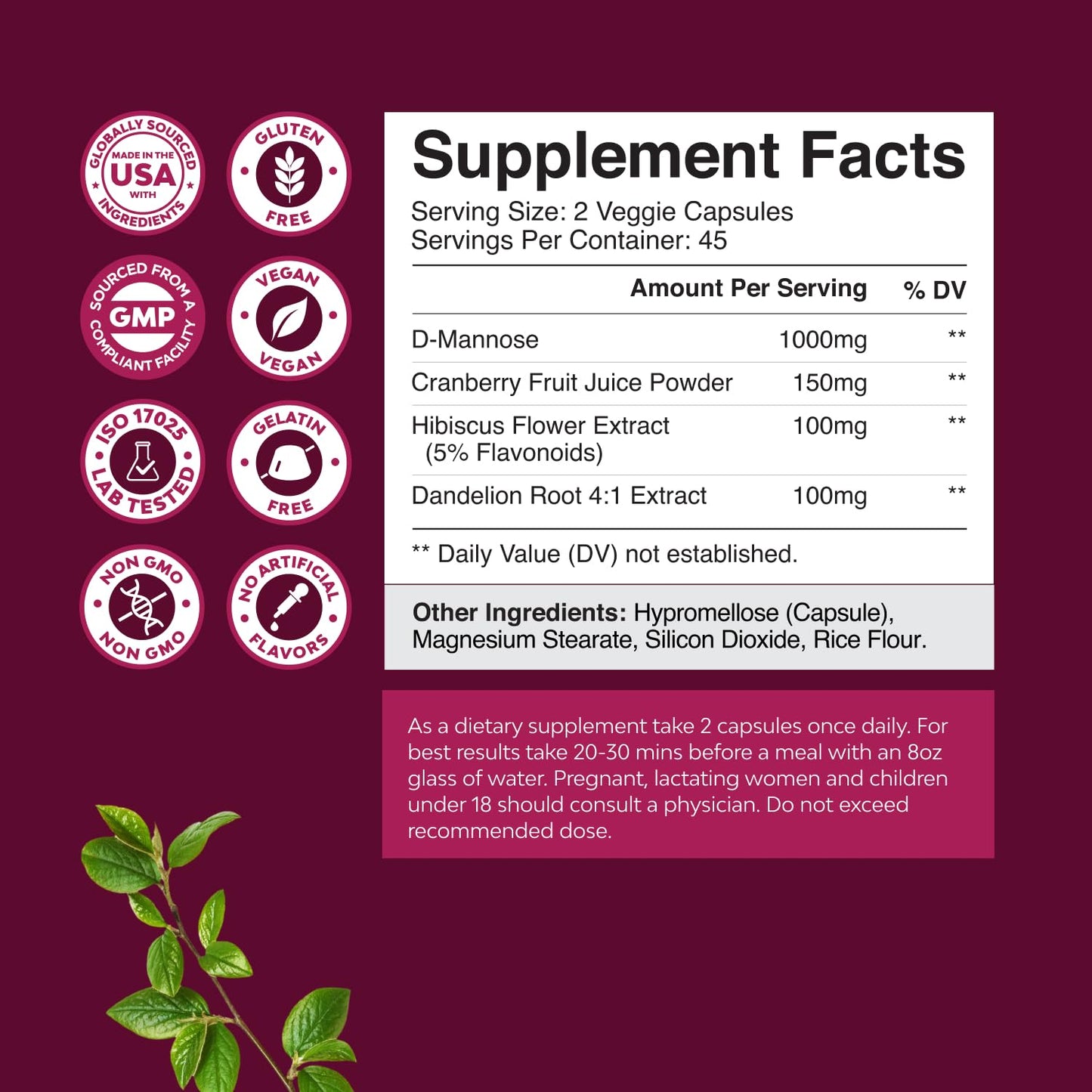D Mannose Capsules for Urinary Tract Health – Cranberry & Dandelion – 90 Caps
