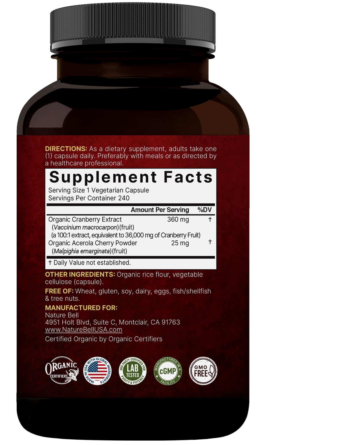 NatureBell Cranberry Pills 2 Pack – 36,000mg Extract, Acerola | Organic, Sugar Free