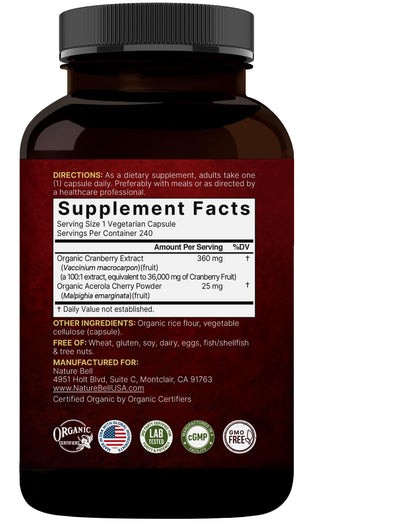 NatureBell Cranberry Pills 2 Pack – 36,000mg Extract, Acerola | Organic, Sugar Free