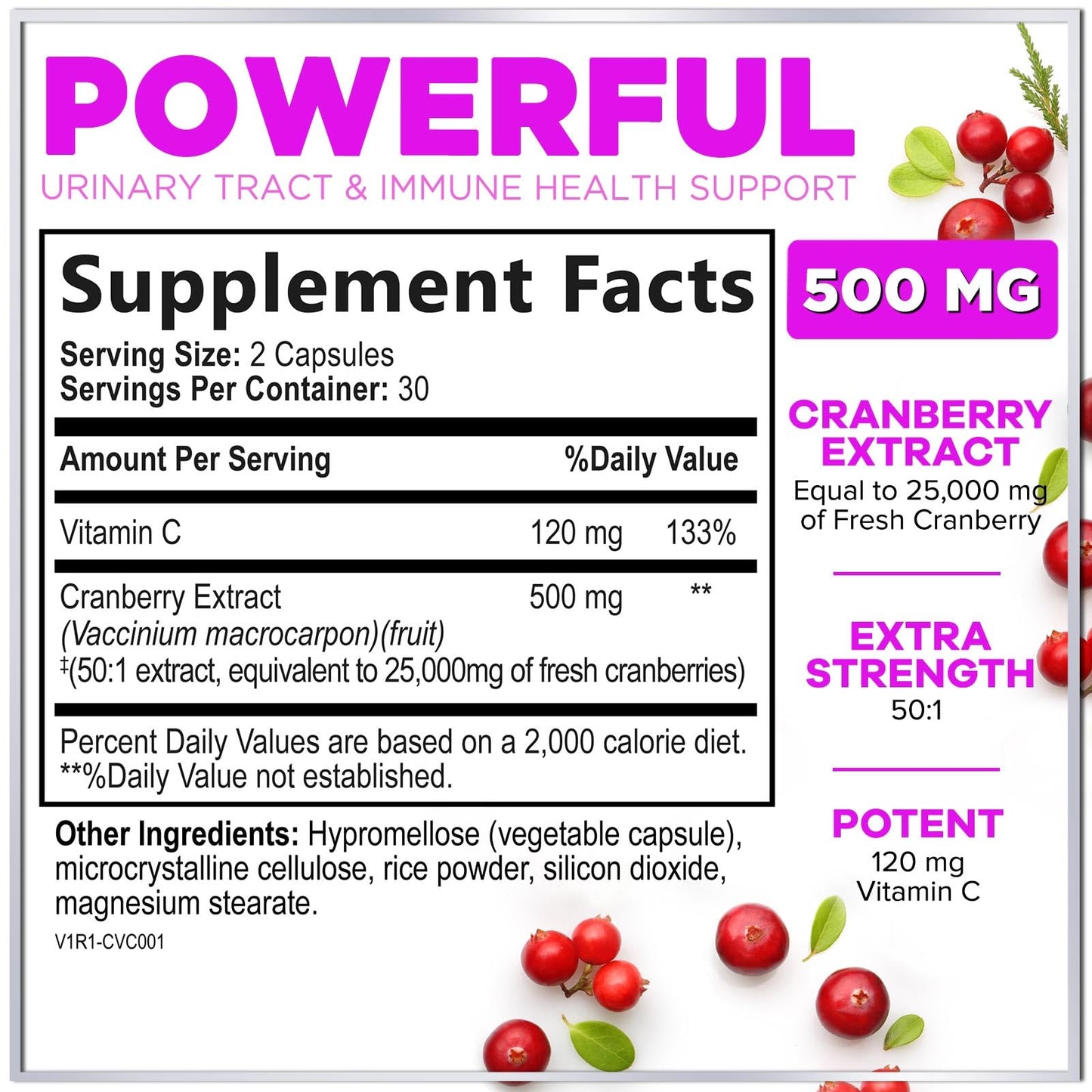 Cranberry Pills 25,000mg 3X Strength with Vitamin C | Sugar-Free, 60 Capsules
