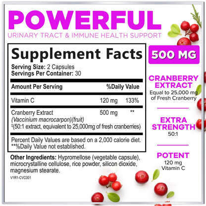 Cranberry Pills 25,000mg 3X Strength with Vitamin C | Sugar-Free, 60 Capsules