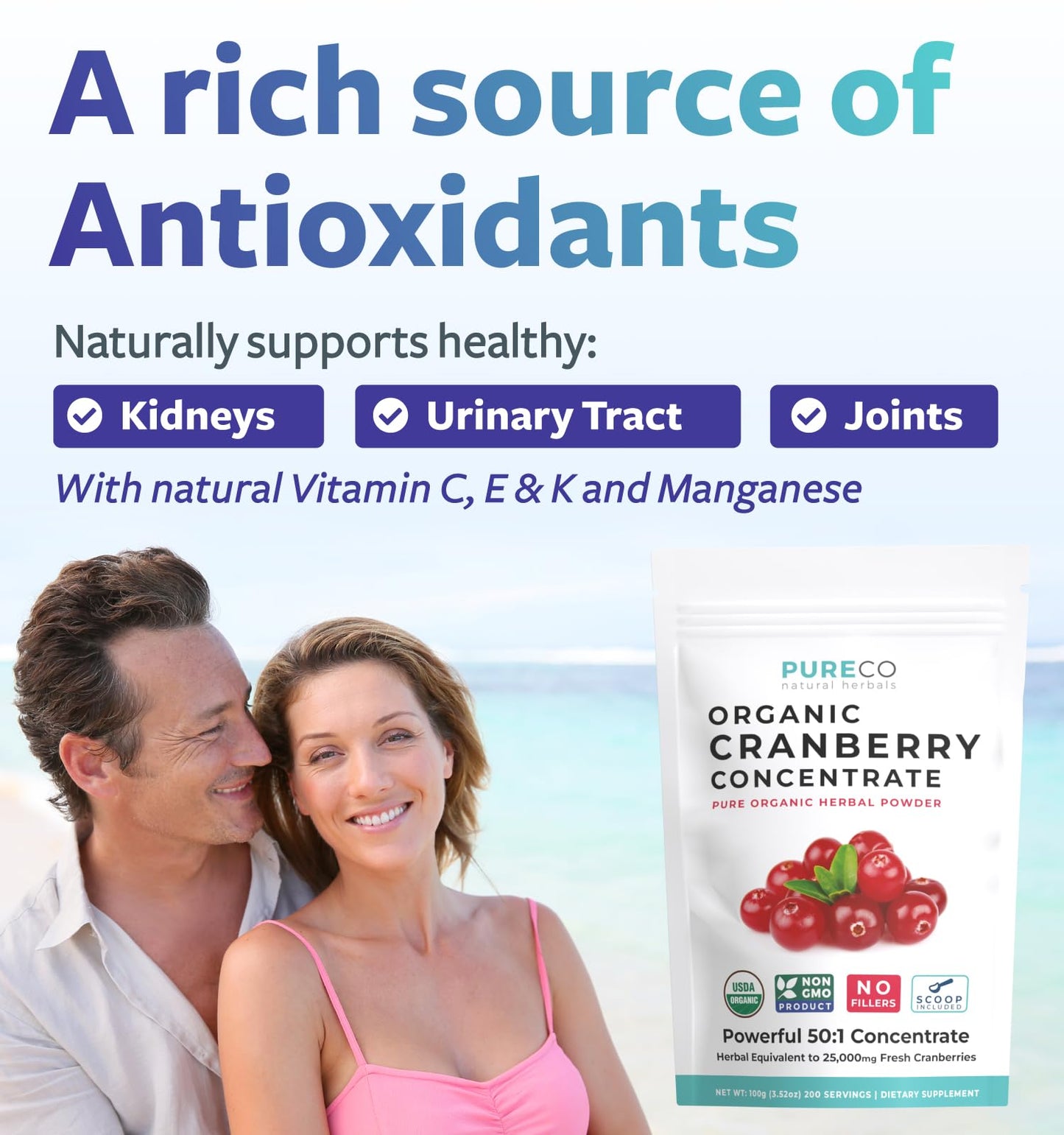 USDA Organic Cranberry Powder - 50:1 Concentrate for Urinary Tract Health (Vegan, Non-GMO, Filler Free) - 200 Servings