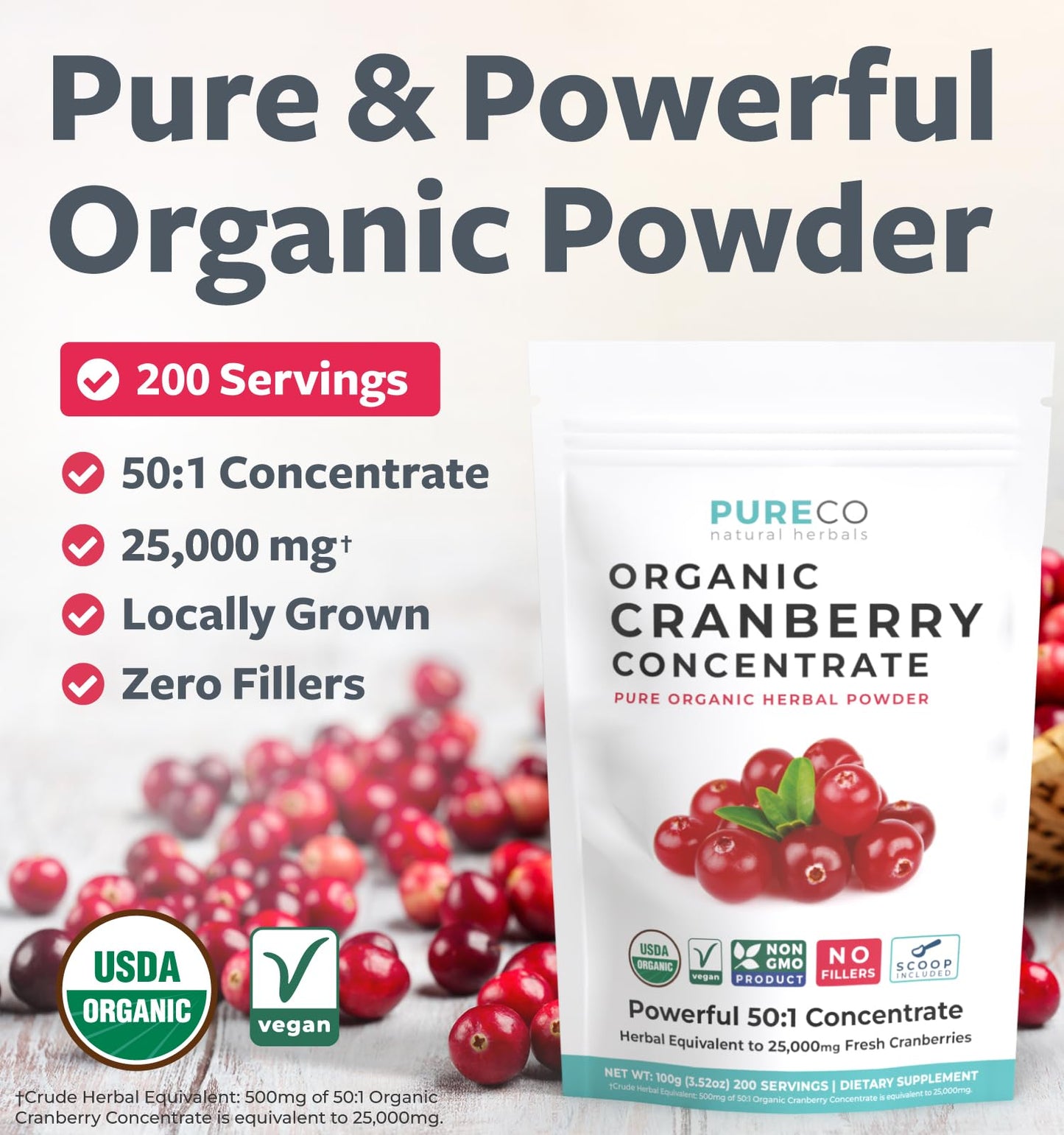 USDA Organic Cranberry Powder - 50:1 Concentrate for Urinary Tract Health (Vegan, Non-GMO, Filler Free) - 200 Servings