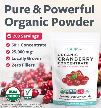 USDA Organic Cranberry Powder - 50:1 Concentrate for Urinary Tract Health (Vegan, Non-GMO, Filler Free) - 200 Servings