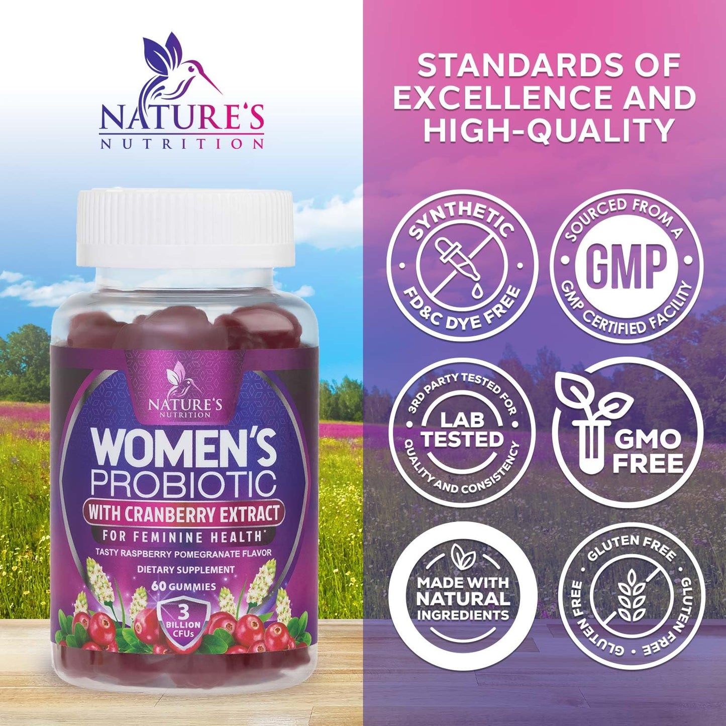 Probiotics for Women Gummies with Cranberry — 3 Billion CFU, 6 Strains, Digestive & Vaginal Health (60 Gummies)