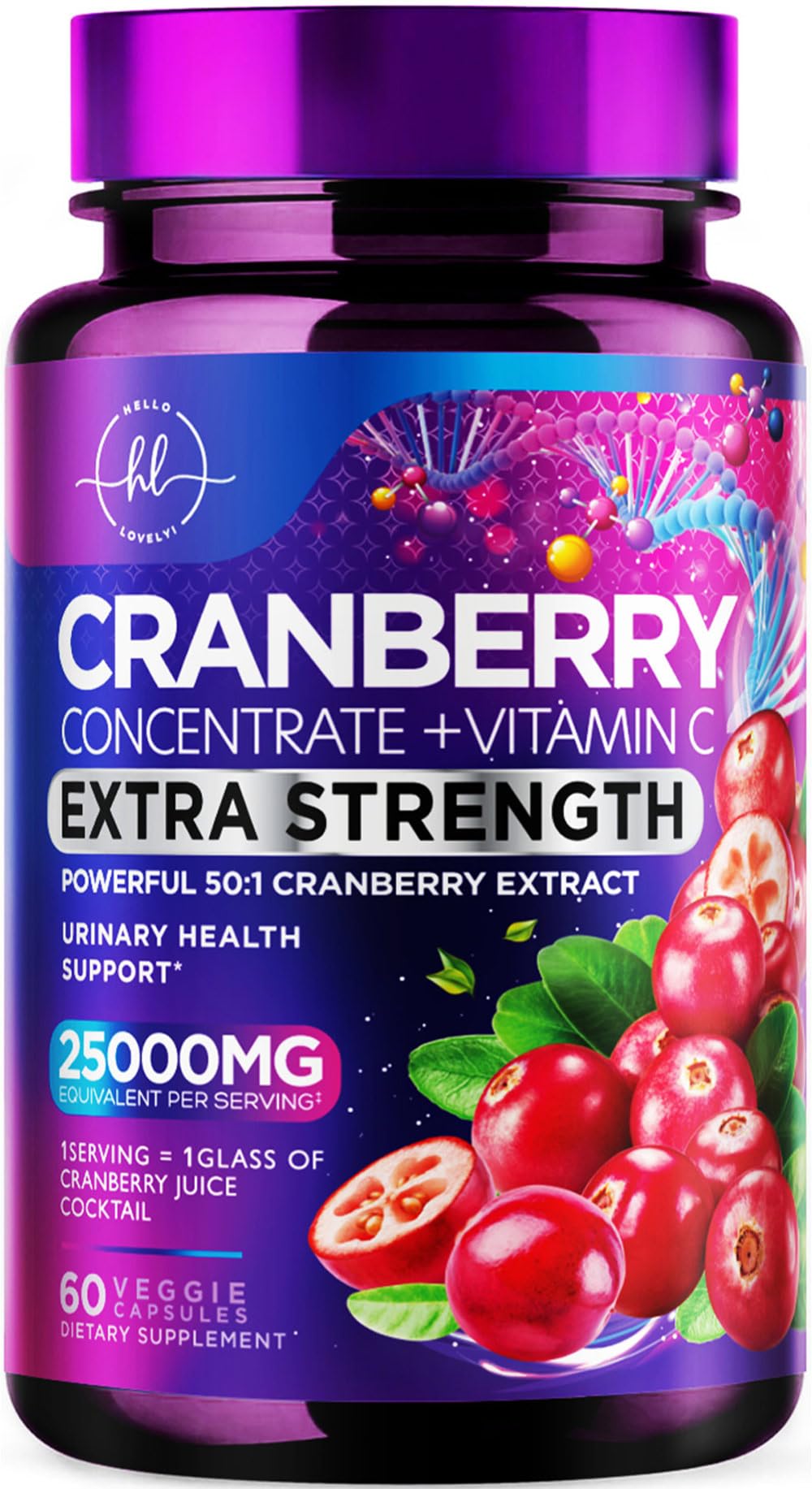 Cranberry Pills 25,000mg 3X Strength with Vitamin C | Sugar-Free, 60 Capsules