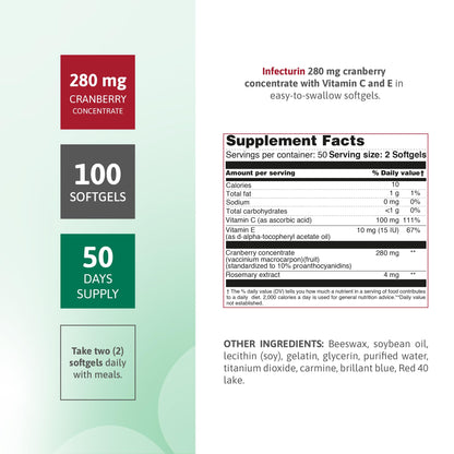 Cranberry 280 mg Concentrate + Vitamin C & E – 50 Softgels, Gluten Free