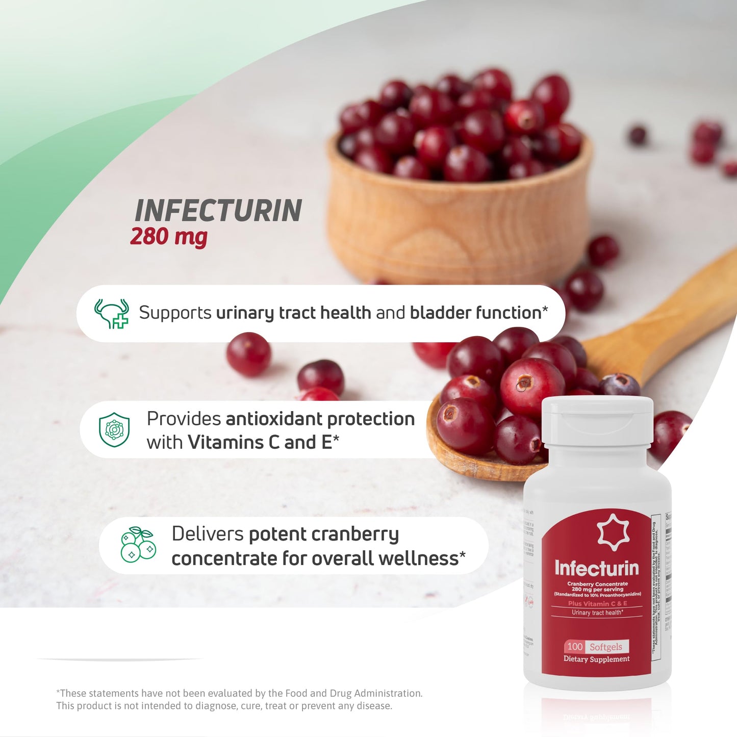 Cranberry 280 mg Concentrate + Vitamin C & E – 50 Softgels, Gluten Free