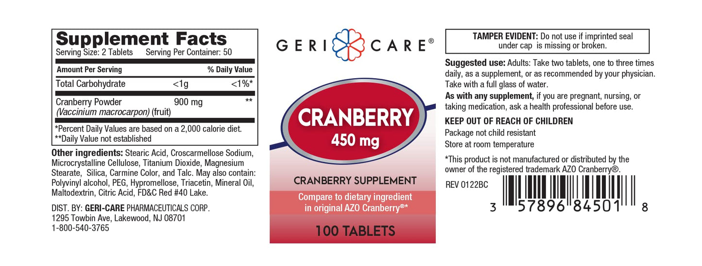 High-Potency Cranberry Supplement - 450mg Pure Cranberry Tablets for Urinary Tract Health - 2-Pack (200 Count) - Non-GMO, Gluten & Dairy Free