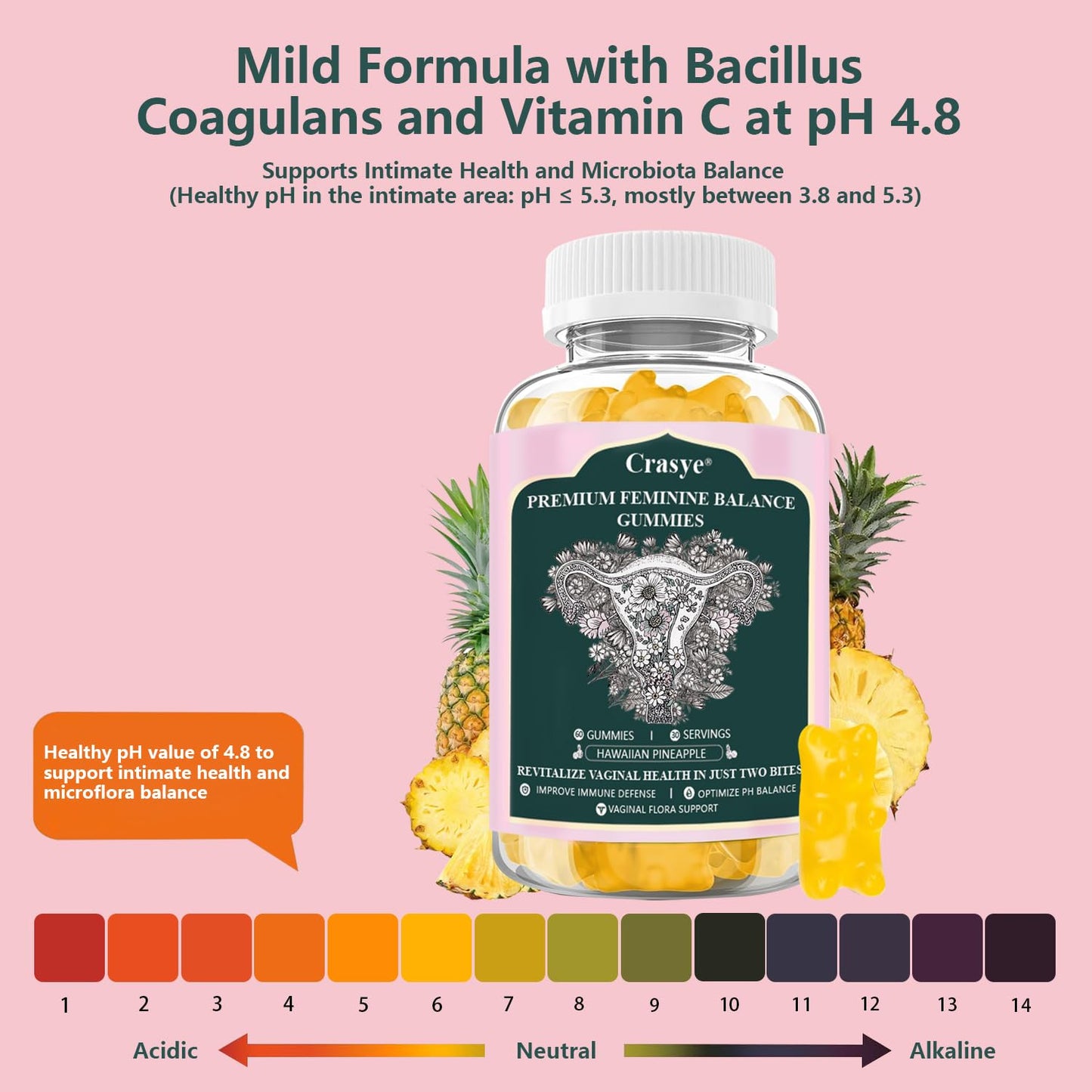 Crasye Premium Feminine Balance Gummies – PH Balance & Vaginal Health (60 Gummies, 30 Servings)