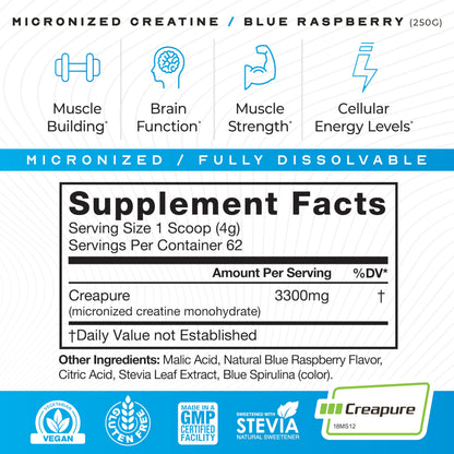 Muscle Feast Creapure Creatine Monohydrate Powder – Blue Raspberry, 250g BritishVita | Premium UK Vitamins & Wellness Supplements