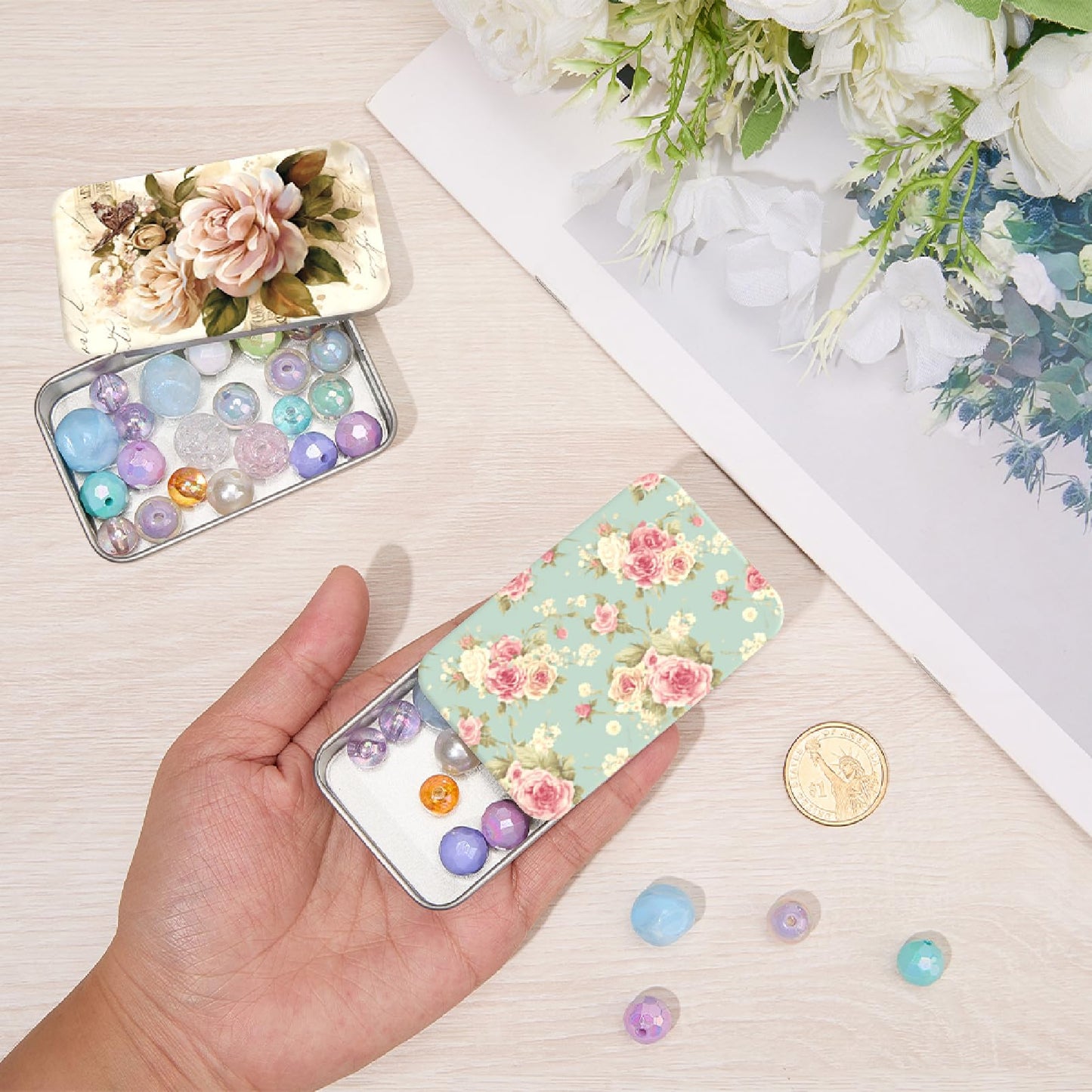 CREATCABIN 2 Pack Dental Floss Case – Portable Slider Lid, Flower Pattern Tin