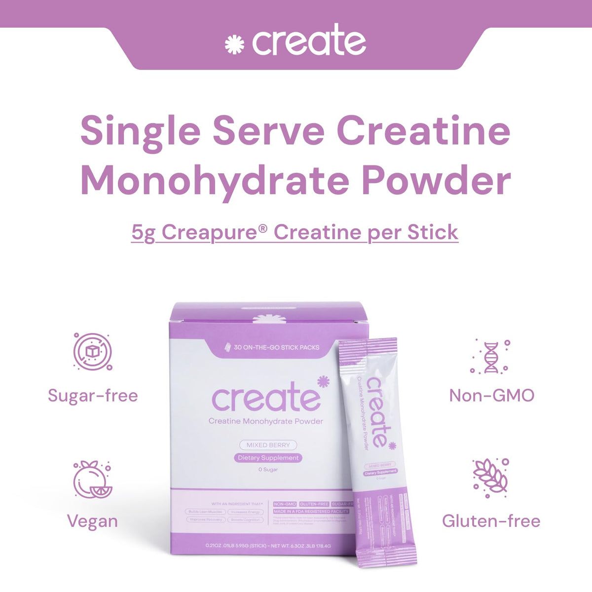 Create Single-Serve Creatine Monohydrate Powder – 5g Creapure Creatine, Sugar-Free, Vegan | Mixed Berry | 30 Portable Packets BritishVita | Premium UK Vitamins & Wellness Supplements