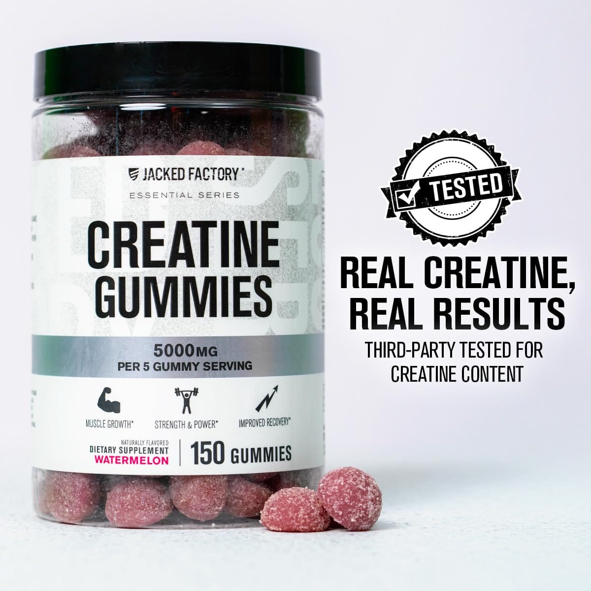 Jacked Factory Creatine Monohydrate Gummies 5g Daily Dose – 150 Watermelon Gummies | Vegan, Travel-Friendly, Third-Party Tested