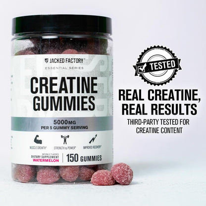 Jacked Factory Creatine Monohydrate Gummies 5g Daily Dose – 150 Watermelon Gummies | Vegan, Travel-Friendly, Third-Party Tested