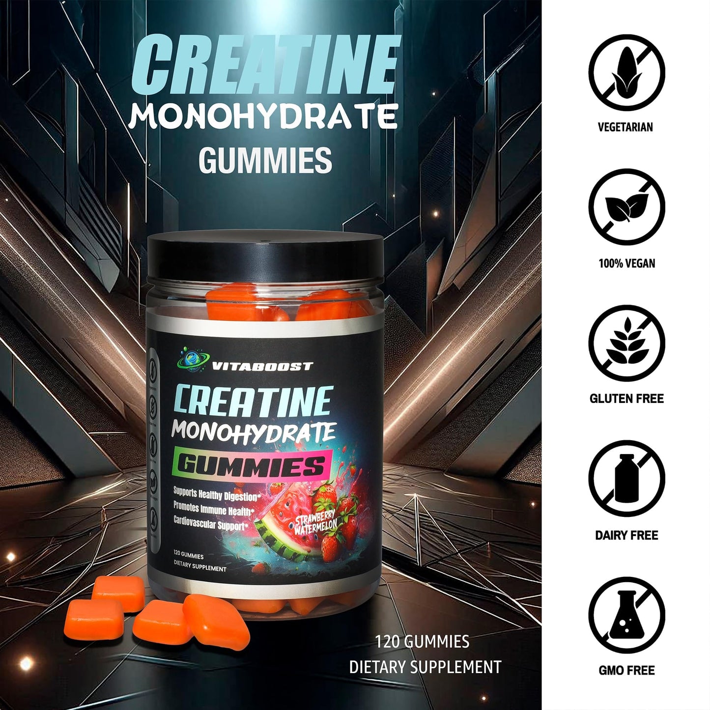 Creatine Gummies 5g Monohydrate – Vegan Pre-Workout (Strawberry Watermelon) – Made in USA