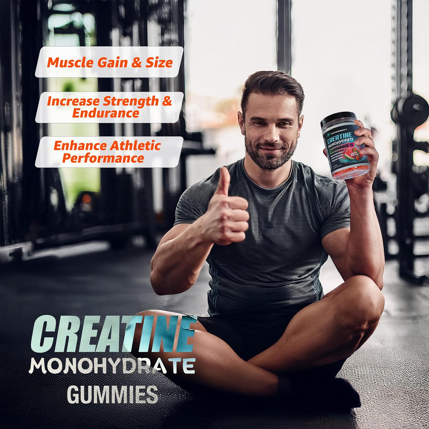 Creatine Gummies 5g Monohydrate – Vegan Pre-Workout (Strawberry Watermelon) – Made in USA