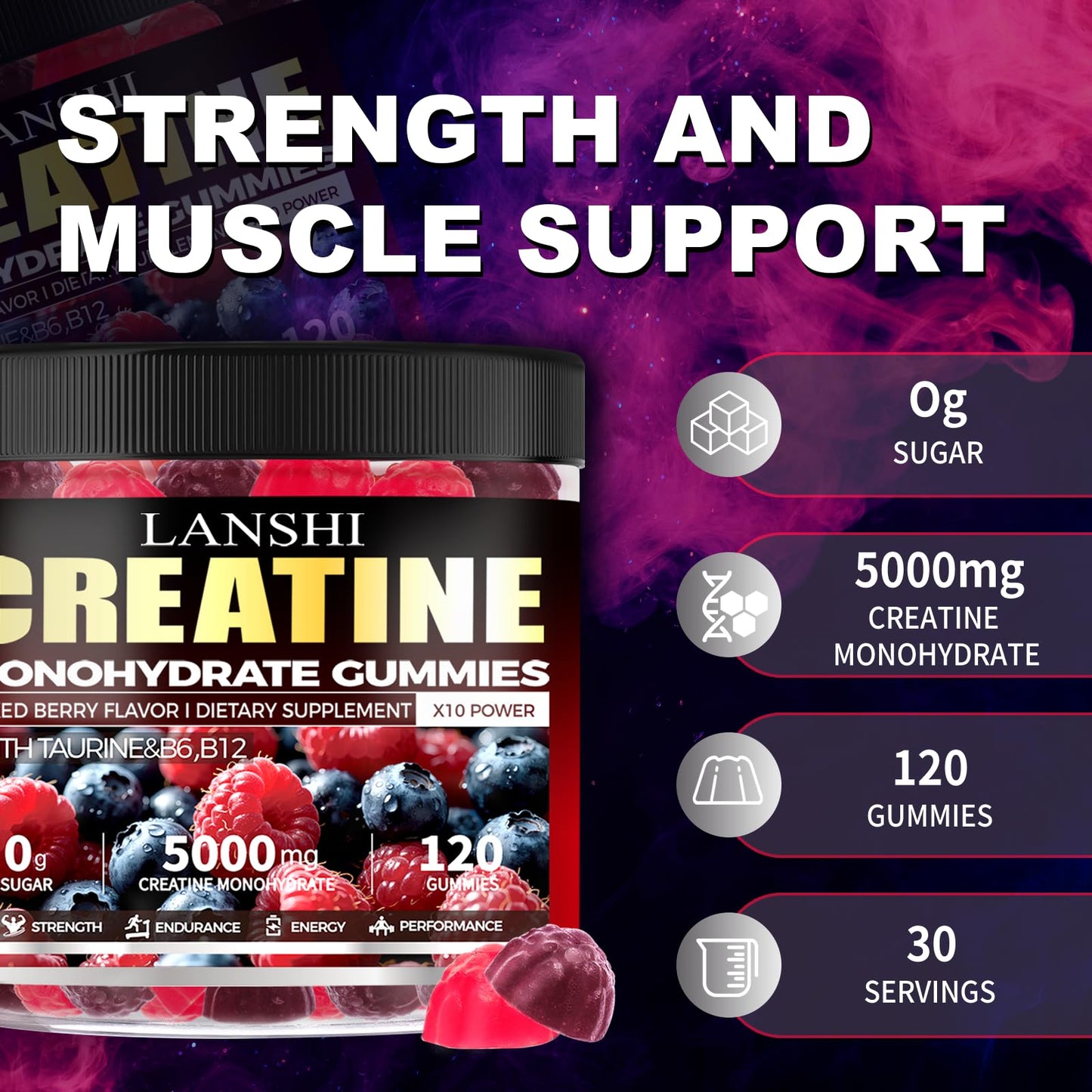 Creatine Monohydrate Gummies 5000mg – Sugar Free Pre-Workout (120 ct) Mixed Berry