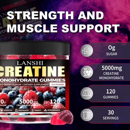 Creatine Monohydrate Gummies 5000mg – Sugar Free Pre-Workout (120 ct) Mixed Berry