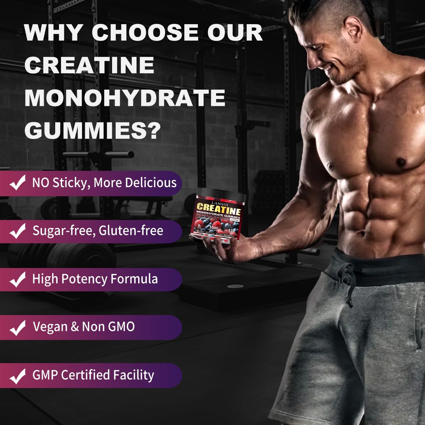 Creatine Monohydrate Gummies 5000mg – Sugar Free Pre-Workout (120 ct) Mixed Berry