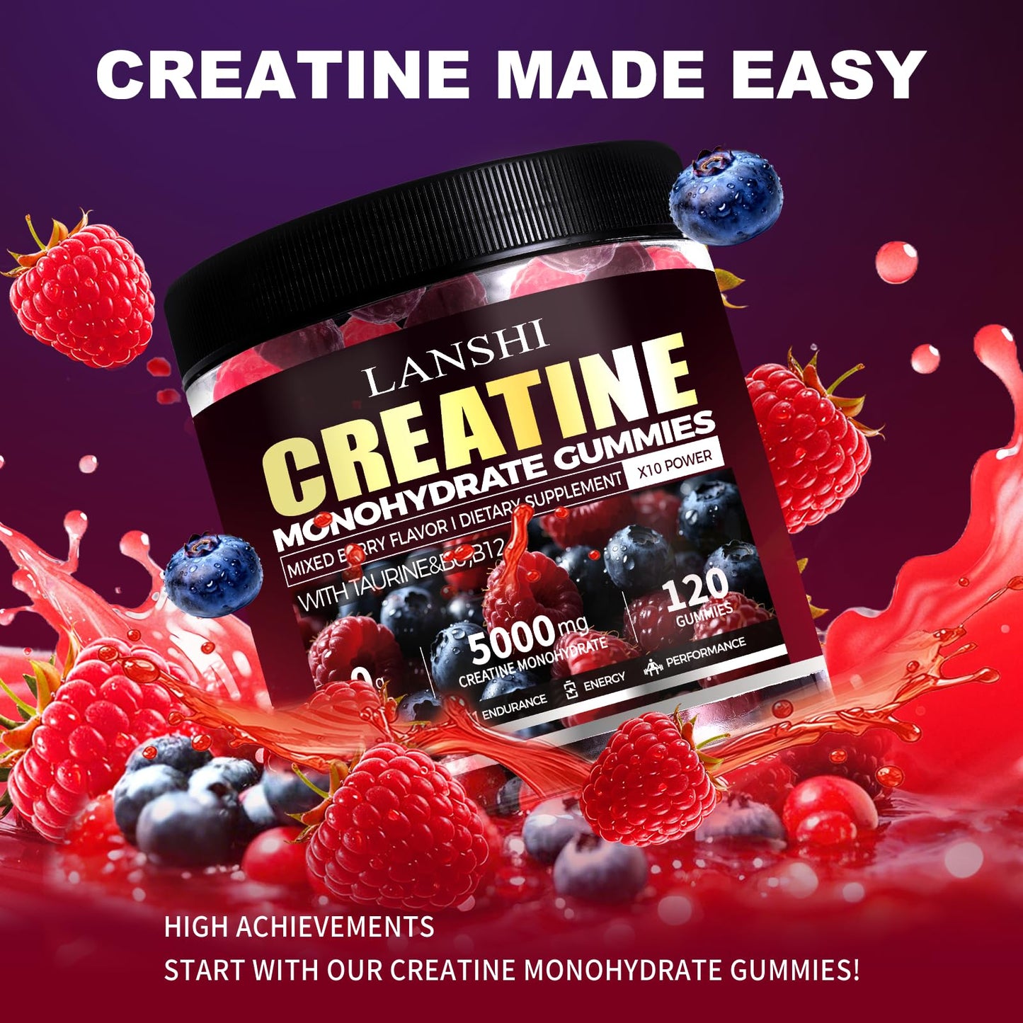 Creatine Monohydrate Gummies 5000mg – Sugar Free Pre-Workout (120 ct) Mixed Berry