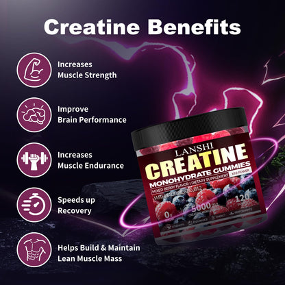 Creatine Monohydrate Gummies 5000mg – Sugar Free Pre-Workout (120 ct) Mixed Berry