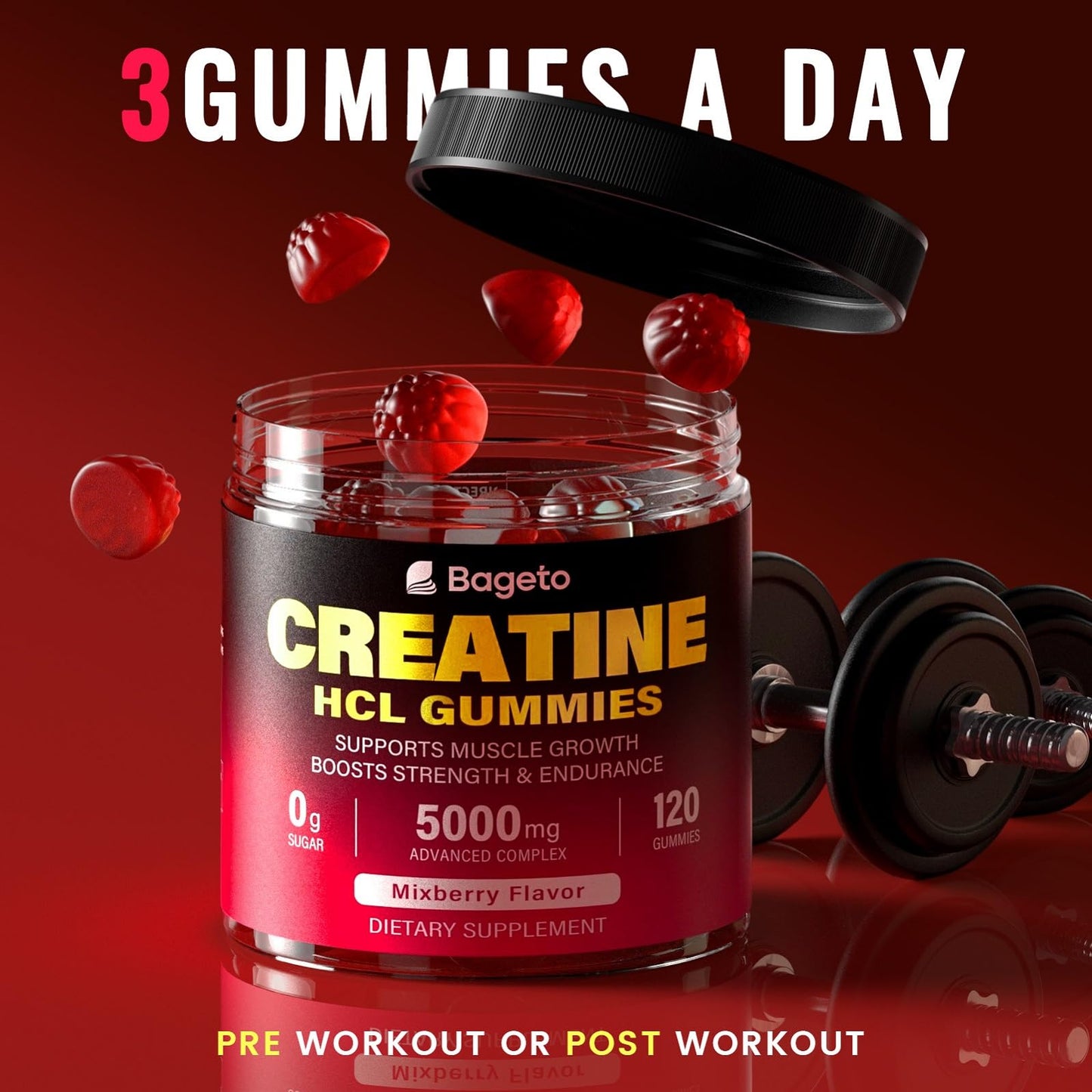 Creatine HCL Gummies for Men & Women | Sugar-Free, 120 Count Vegan Pre & Post Workout