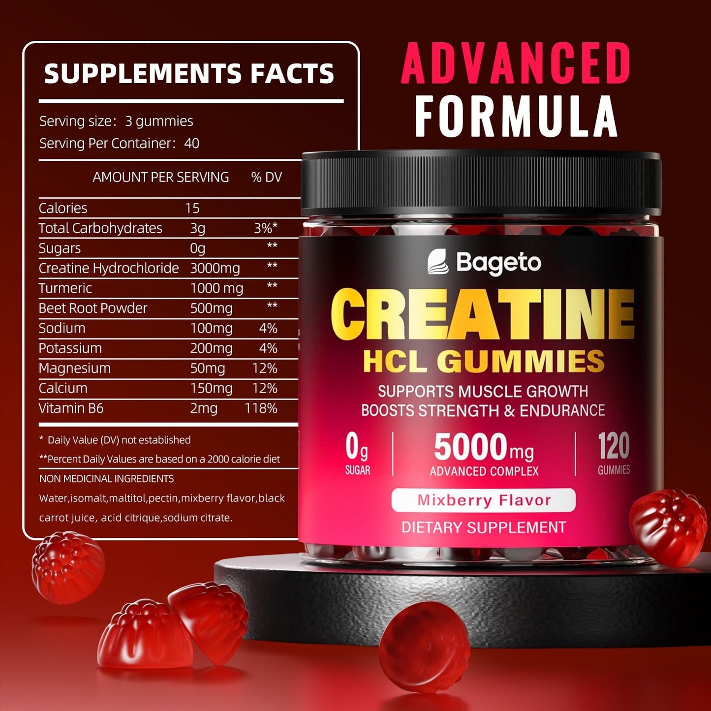 Creatine HCL Gummies for Men & Women | Sugar-Free, 120 Count Vegan Pre & Post Workout