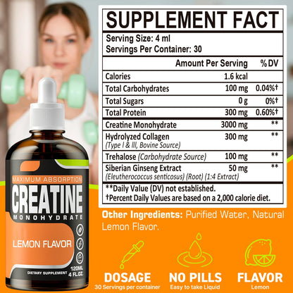 Creatine Monohydrate Liquid HCl – 120 ml Lemon for Women & Men