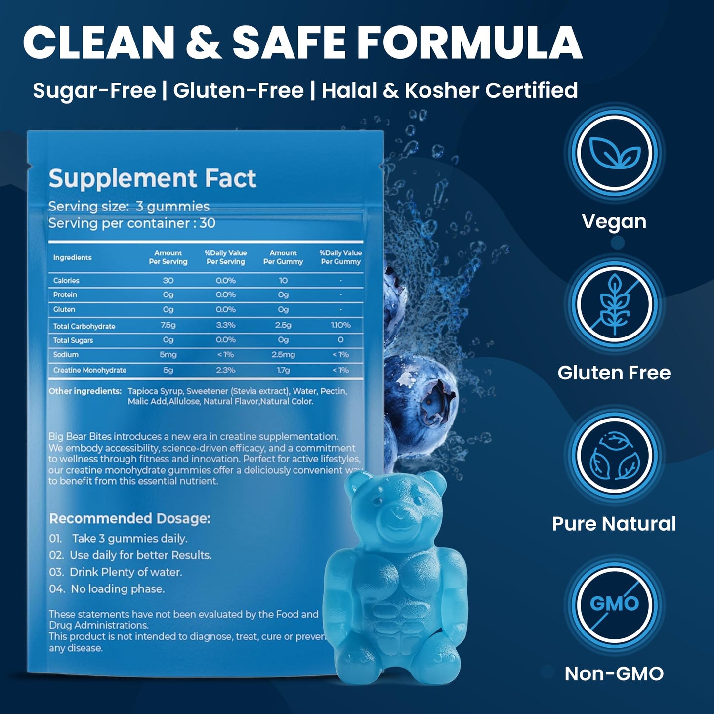 Creatine Monohydrate Gummies – 5000mg Daily Dose | 90 Gummies | Blueberry