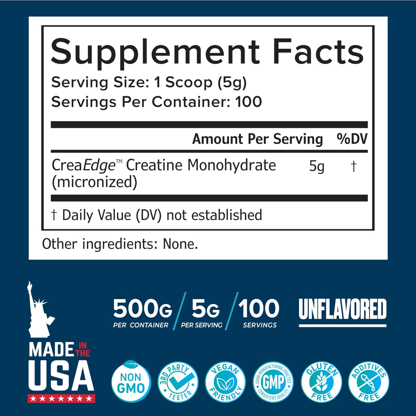 Creatine Monohydrate Powder 500g – 100 Servings, Unflavored (5g/serving) – Pure Micronized Creatine