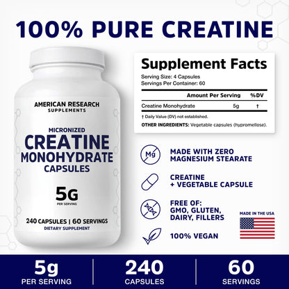 Creatine Monohydrate Capsules 5G – 60 Servings, 240 Capsules | Vegan
