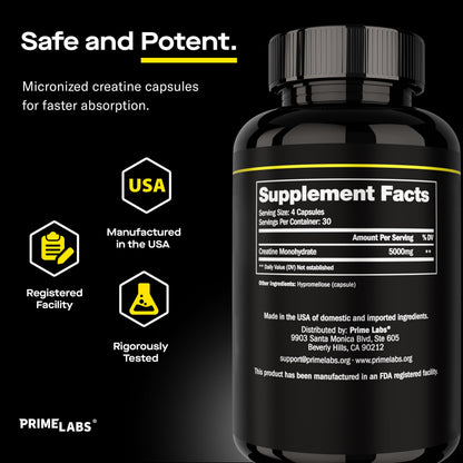 Prime Labs Creatine Monohydrate Capsules 5g - 120 Count | Muscle Growth, Recovery & Brain Function