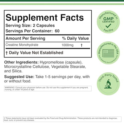 Creatine Monohydrate Capsules - 1g per Serving, 120 Count | No Fillers, Vegan Safe, Non-GMO, Gluten Free | Double Wood