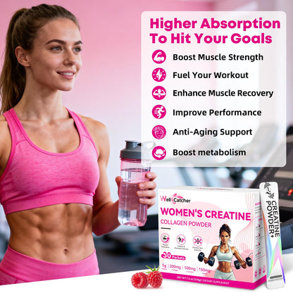 Women’s Creatine Powder Travel Packets – 30 Raspberry Packs | Creatine Monohydrate & Collagen