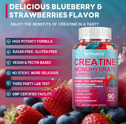 Creatine Monohydrate Gummies with BCAA, L-Carnitine & Vitamin B12 – Pre-Workout (90 Count)