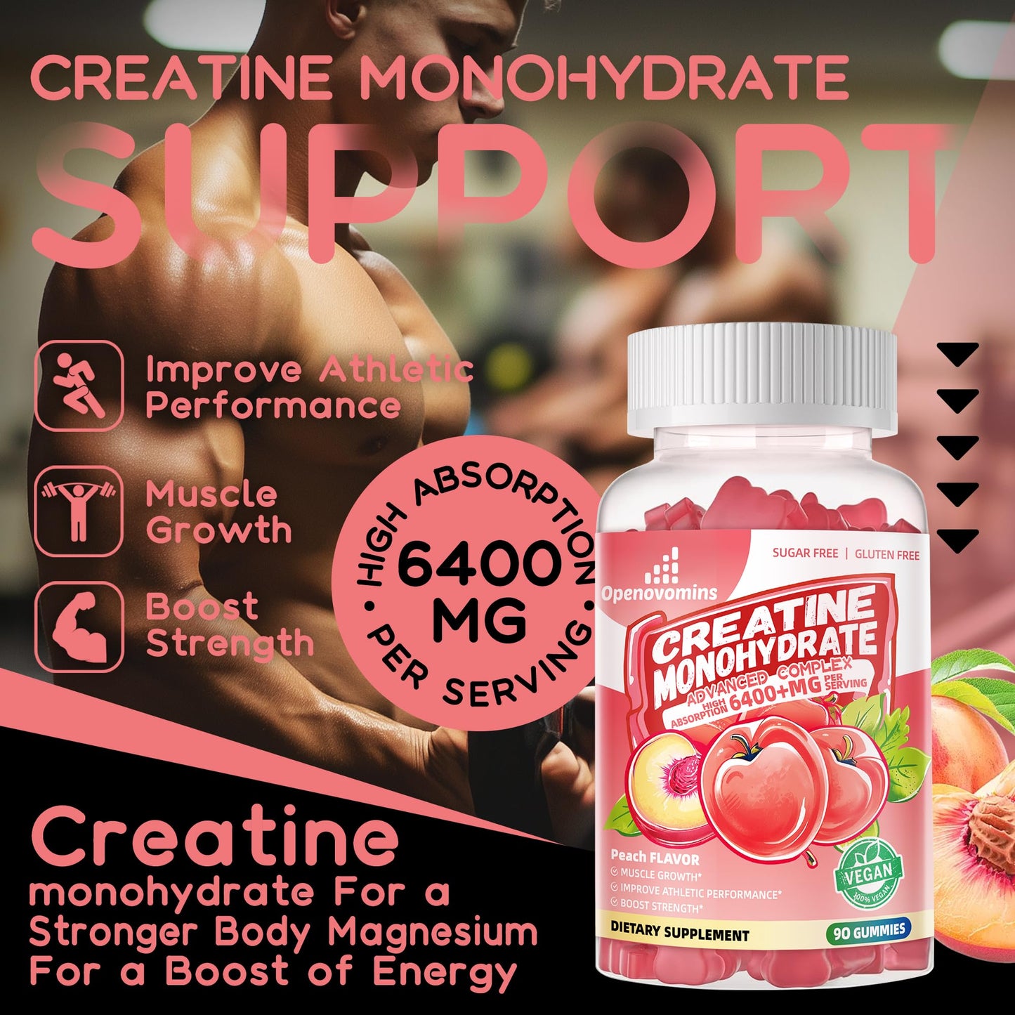 Creatine Monohydrate Gummies Complex – 90 Peach, Sugar Free