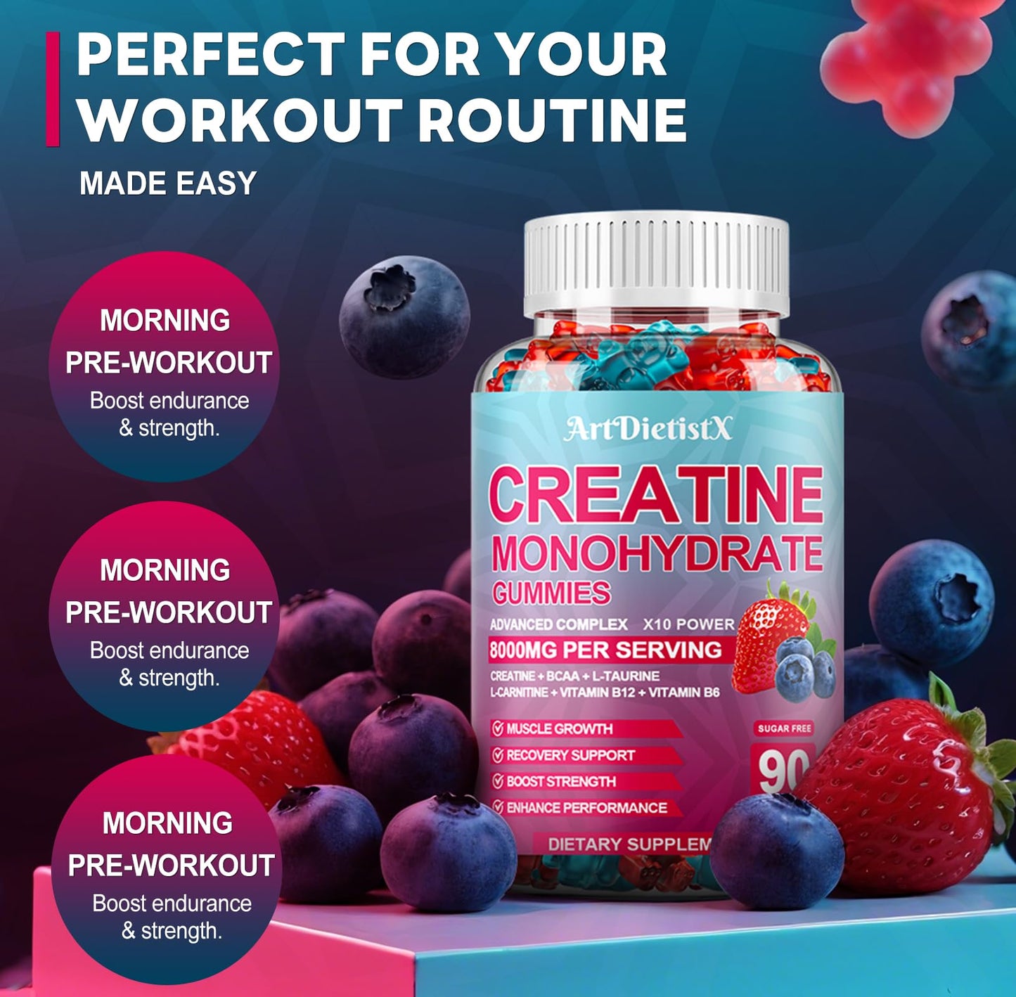 Creatine Monohydrate Gummies with BCAA, L-Carnitine & Vitamin B12 – Pre-Workout (90 Count)