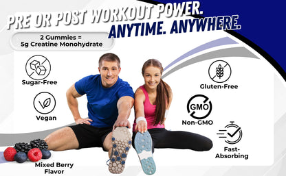Creatine Monohydrate Gummies - Sugar-Free Vegan Pre & Post Workout | 60 Chews