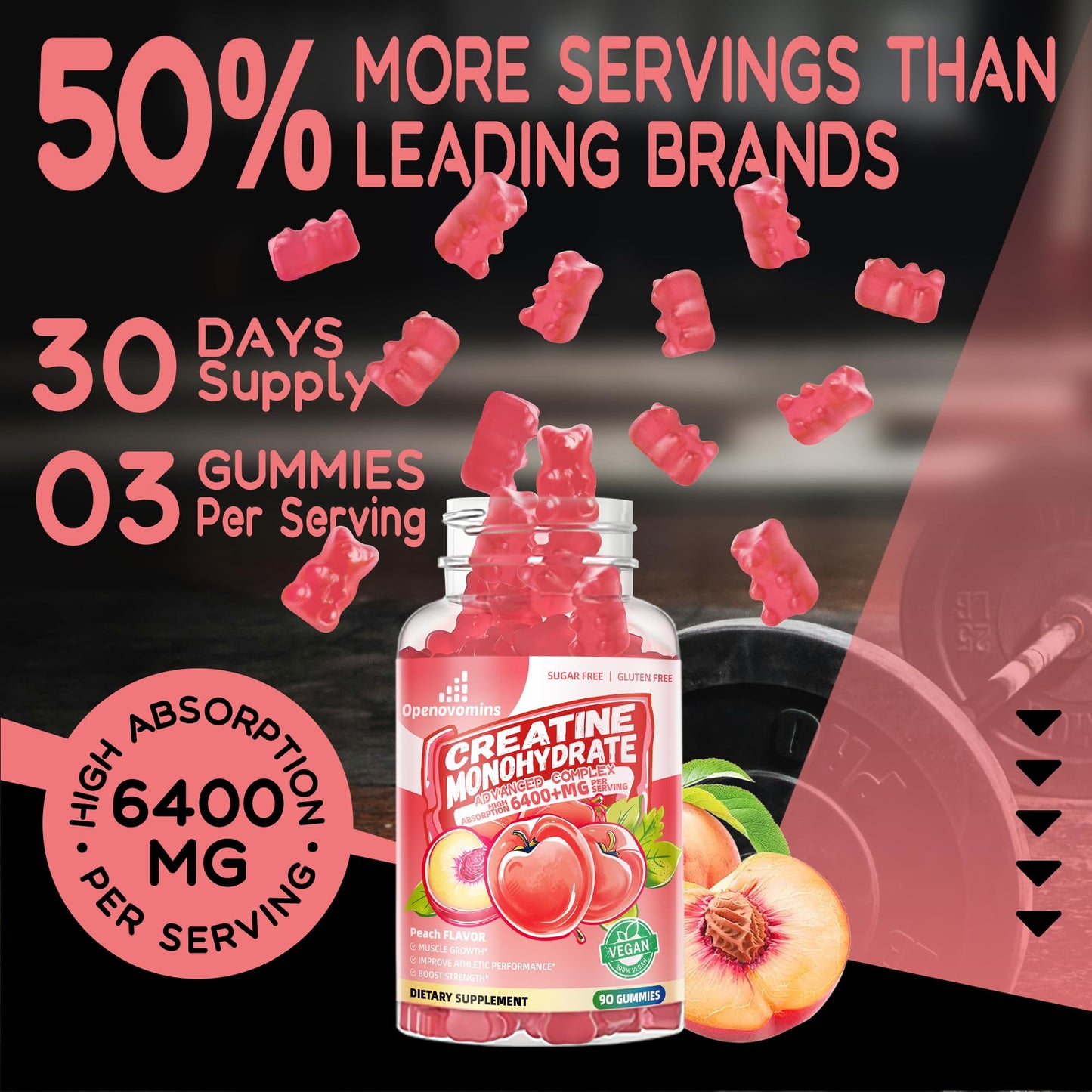 Creatine Monohydrate Gummies Complex – 90 Peach, Sugar Free