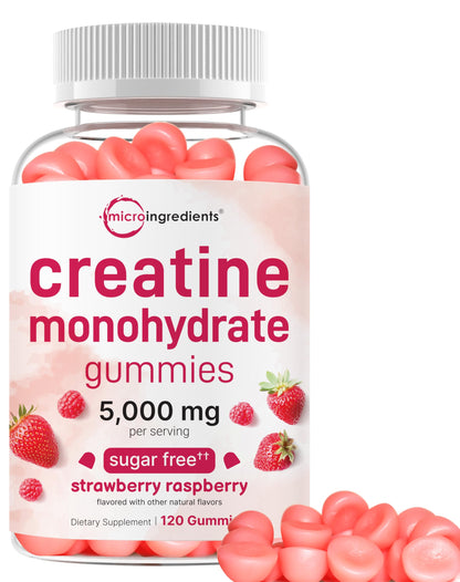 Creatine Monohydrate Gummies – 5,000mg per Serving, 120 Count | Sugar Free Strawberry Raspberry | Pre Workout & Recovery