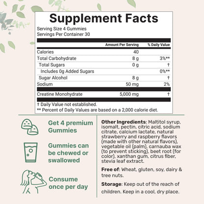 Creatine Monohydrate Gummies – 5,000mg per Serving, 120 Count | Sugar Free Strawberry Raspberry | Pre Workout & Recovery