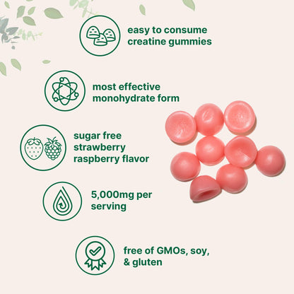 Creatine Monohydrate Gummies – 5,000mg per Serving, 120 Count | Sugar Free Strawberry Raspberry | Pre Workout & Recovery