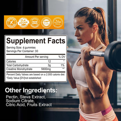 Creatine Monohydrate Gummies 5600mg – 120 CT, Sugar Free Vegan Pineapple Flavor